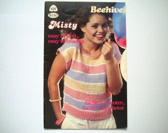 MISTY Easy to Knit Crochet Patterns Booklet no 438 Patons Beehive Cardigan Topper Shell Sleeveless Vest Short Sleeve Top Collar Slipover