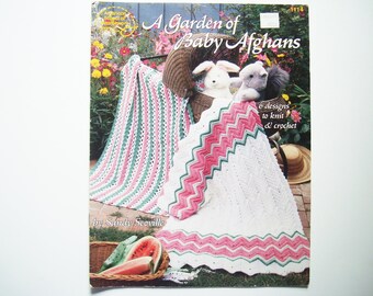 A GARDEN of BABY AFGHANS Knit & Crochet Blankets Pattern book 1114 American School of Needlework 6 Designs Watermelon Ripple Granny Squares