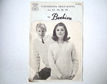 ARAN KNITS Pattern 2045 Patons Beehive Canadiana Aran V-neck Sweater Pullover Jumper Cardigan Cables Raglan Vneck Men Women Vintage