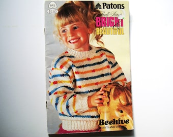 Small Things BRIGHT & BEAUTIFUL Children Knitting Patterns Patons Beehive 643 Kids Child Sizes 4 - 14 Knit Sweater Jumper Pullover Cardigan