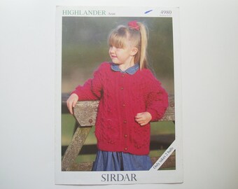 Highlander Aran Childrens Cardigan by Sirdar Leaflet 4980 Knitting Pattern Child Sweater Jacket Jumper Button Closure Cable Knit Bobble