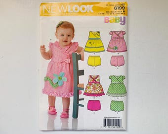 Patrón sin cortar New Look Baby 6199 para bebés, talla A - Recién nacido, S M L, vestido, vestido de verano, mangas abullonadas o sin mangas, bombachos, cubrepañales