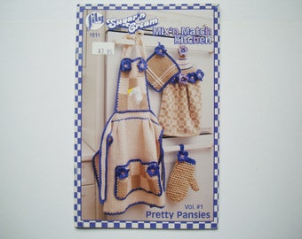 MIX'N MATCH KITCHEN Crochet Patterns 1811 530102 Pretty Pansies Apron Towel Topper Pot Holder Oven Mitt Casserole Carrier Chair Pad Tea Cosy