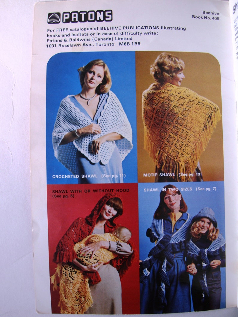 SHAWLS by Beehive Patons Knitting Crochet Patterns Booklet 405 Hooded Shawl Picot Border Evening Lace Striped Triangular Square Circular image 3