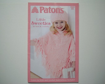 LITTLE SWEETIES Knit & Crochet Pattern Book Patons 500822 Poncho Hat Hooded Sweatshirt Hoodie Bunnyhug Gingham Blanket Blankie Bunny Toque