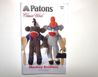 MONKEY BUSINESS Knit or Crochet Pattern Booklet 500875 Patons Sock Monkey Elephant Giraffe Lion Stuffies Toys