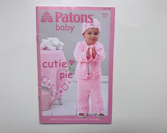 CUTIE PIE Knit & Crochet Pattern Book by Patons Baby 500809 Cardigan Pants Cap Blanket Pullover Vest Dress Sun Hat Tunic Panties