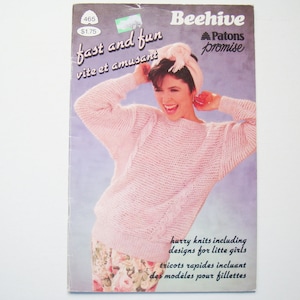 Folleto de patrones de tejido rápidos y divertidos n.º 465 Beehive Patons Mujeres Niñas Tops Jersey de cable Suéter de manga corta Tejidos rápidos Agujas grandes