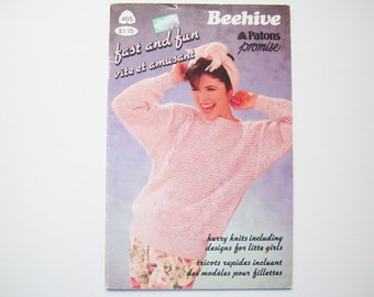 FAST AND FUN Knitting Patterns Booklet no 465 Beehive Patons Women Girls Tops Cabled Pullover Short Sleeve Sweater Quick Knits Large Needles