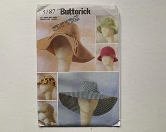 Patrón 3787 de sombreros de moda Butterick SIN CORTAR Tallas S M L en 4 diseños forrados Sombrero de béisbol tipo cubo flexible con opción de cubierta para el cuello Sombrero para el sol clásico