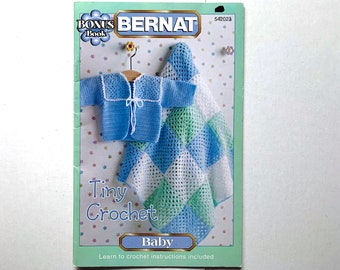 Tiny Crochet Baby Pattern Book 542023 by Bernat patterns Babies Cardigan Jumper Bonnet Booties Granny Square Blanket Christening Gown Hats