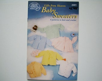 BABY SWEATERS Knit & Crochet Pattern Book 2201 Gifts from Heaven Jacket Sweater Cardigan Mock Cable Shell Stitch V-neck Knitted Lacy Pattern