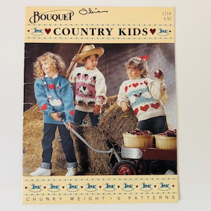 Bernat Country Kids 6 breipatronen folder nr. 1218 voor dikke garens in kindermaten 6 tot 14 ganzen koeien schapen harten boerenerf