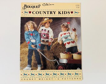 Bernat Country Kids 6 Knitting Patterns Leaflet No.1218 for Chunky Weight Yarns in Children's Sizes 6 to 14 Geese Cows Sheep Hearts Farmyard
