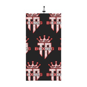 May include: Black face covering with a repeating pattern of a crown and the text "TOP RIVAL BOXING" in red and white. The face covering has a black adjustable cord.
