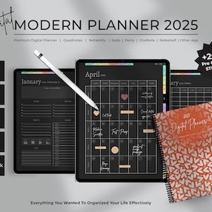 All-in-One Digital Planner 2025, Dark Mode, Digital Planner, Weekly, Digital Goodnotes Template, Notability, iPad & Android Planner