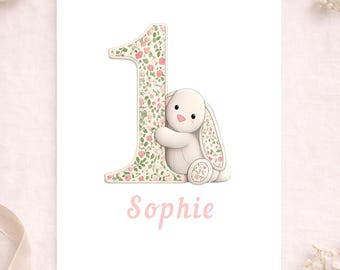 Personalised 1st Birthday Card for Girl, Daughter, Granddaughter, Niece, Friend, Cousin, Floral Bunny Design, A5