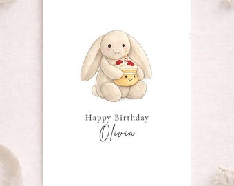 Personalised Bunny Birthday Card | Rabbit Cupcake Card | Custom Name Birthday Card | Minimalist Children’s Birthday Card | Plush Toy | A5