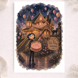 May include: A digital illustration featuring a character with blue hair holding a pink birthday cake with lit candles. In the background, a large house is decorated with lights and a banner reading Happy Birthday. A sign reads Pink Palace apartments.
