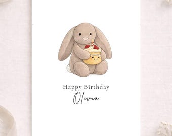 Personalised Bunny Birthday Card | Rabbit Cupcake Card | Custom Name Birthday Card | Minimalist Children’s Birthday Card | Plush Toy | A5