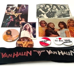Van Halen 1980&#39;s Lot of Memorabilia- 5 Pinback Buttons Headband Postcard Pics Rock Band Music Collectible Hair Band 1980&#39;s Classic Rock