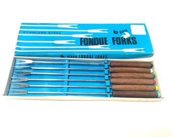 MCM Fondue Forks Stainless Steel Wood Handle Colored Dot-Set of 6-Made in Japan-