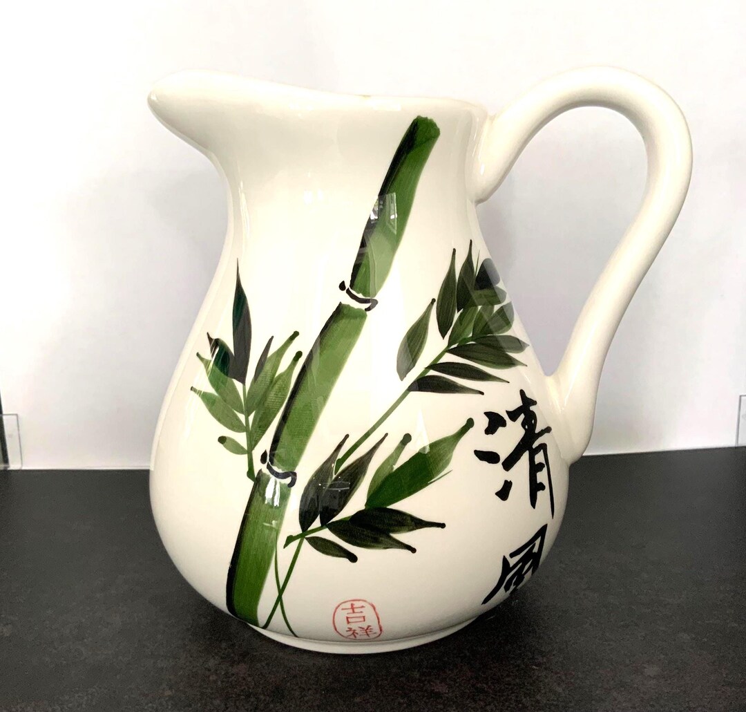 Ceramic Pitcher Asian Chinese White Green Bamboo Design Home Decor ...