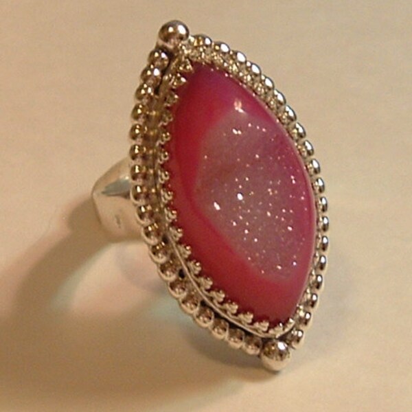 Pink Marquise Druzy Agate and Sterling Silver Ring