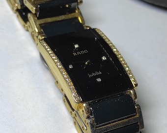 Vintage Rado Jubilé Black Ceramic Gold Tone Diamond Dial Women's Watch Swiss Made