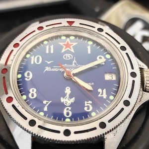 Soviet Vostok Komandirskie Military Watch Amphibia Style USSR Vintage Diver Watch Luminous Dial Navy Anchor Rare Blue Face fully working