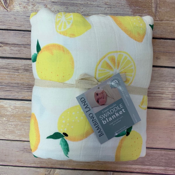 Cozy Triple Layers Lemon Blanket with Jersey Trim - soft muslin, made from 100% cotton. Great for swaddling, nursing cover, travel blanket!