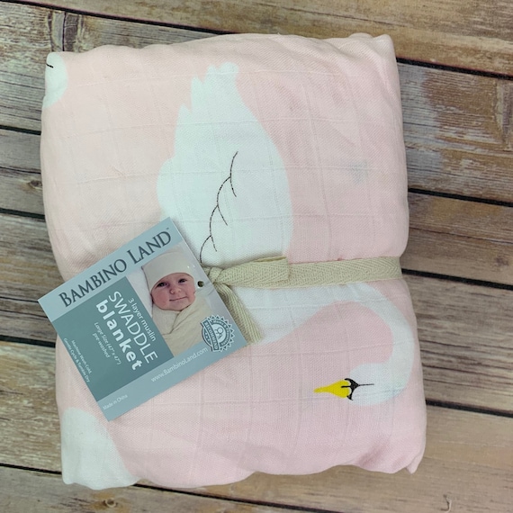 Cozy Triple Layers Swan Blanket With Jersey Trim Soft Muslin, 70