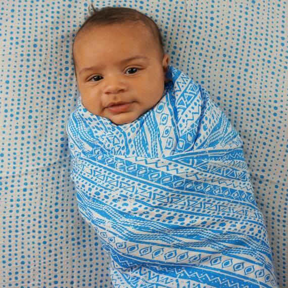 Geometric Blue Muslin Swaddle Set of Soft Muslin, Bamboo