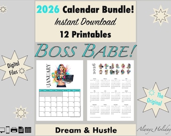 2026 Boss Babe Calendar Bundle Month Year Digital Printable Modern Career Women Fitness Influencer Download Kit Drone Bitcoin Coloring Pages