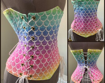 Steel Boned MERMAID Scales Rainbow Ombré Design Under-Bust Corset - by LoriAnn Costume Designs - Custom Size