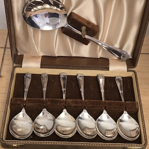 Vintage Retro Silver Plated Set of 6 Boxed Dessert Spoons and Serving Spoon