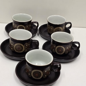 Vintage Denby Arabesque Pattern Set of 5 Cups and Saucers