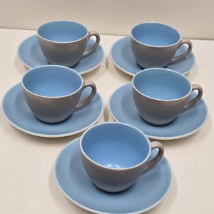 Vintage Poole Pottery Twintone Cups and Saucers Set: Dove Grey & Sky Blue