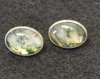 Vintage Scottish 1970s Moss Agate Iona Sterling Silver Pair of Earrings Pierced