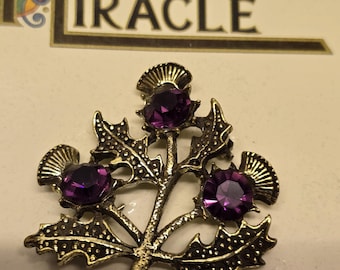 Vintage 1960s Scottish Miracle  Brooch With Purple /Amethyst  Colour Glass Stone Thistle Design 1 1/2 inches