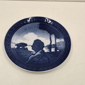 Vintage Royal Copenhagen Plate: Adam Oehlenschlager Blue White Wall Hanging, 7&quot;