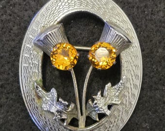 Vintage 1960s Scottish Mizpah  Brooch With Amber Colour Glass Stone Thistle Design 1 3/4 inches