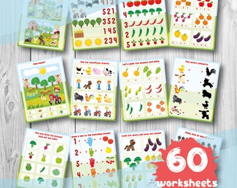 Farm Worksheets (counting 1-5, find the diference, find identical, plus minus equal, colors, farm animals and vegetables)