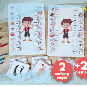 Attività sulle parti del corpo per bambini, Schede didattiche stampabili per l'attività di abbinamento delle parti del corpo, Gioco di abbinamento delle parti del corpo, Attività stampabile, Puntini in velcro