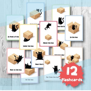 Prepositions Digital Printable Flashcards, Printable Positional Flashcards, Prepositions Montessori Cards with cute cats