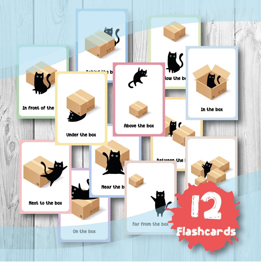 Digitale druckbare Positionskartei mit Präpositionen, Positionskarten, Positionskarten, Montessori Karten mit Katzen