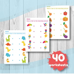 May include: Three educational worksheets with the text "Draw a line to the matching picture." The worksheets feature colorful illustrations of dinosaurs, vegetables, and weather-related items. A red splash with the text "40 worksheets" is in the bottom right corner.