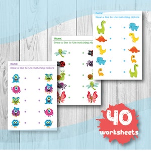 May include: Three matching worksheets with colorful illustrations of monsters, insects, and dinosaurs. Each worksheet has the prompt "Draw a line to the matching picture." A red splash graphic displays "40 worksheets."
