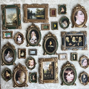 May include: A selection of small, decorative picture frames in various shapes and sizes. The frames are gold and green, with intricate detailing. The framed images include portraits, landscapes, and still lifes.