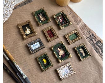Handmade Mini Plaster Frame Print, Vintage Dollhouse Art (3x4, 4x5cm)